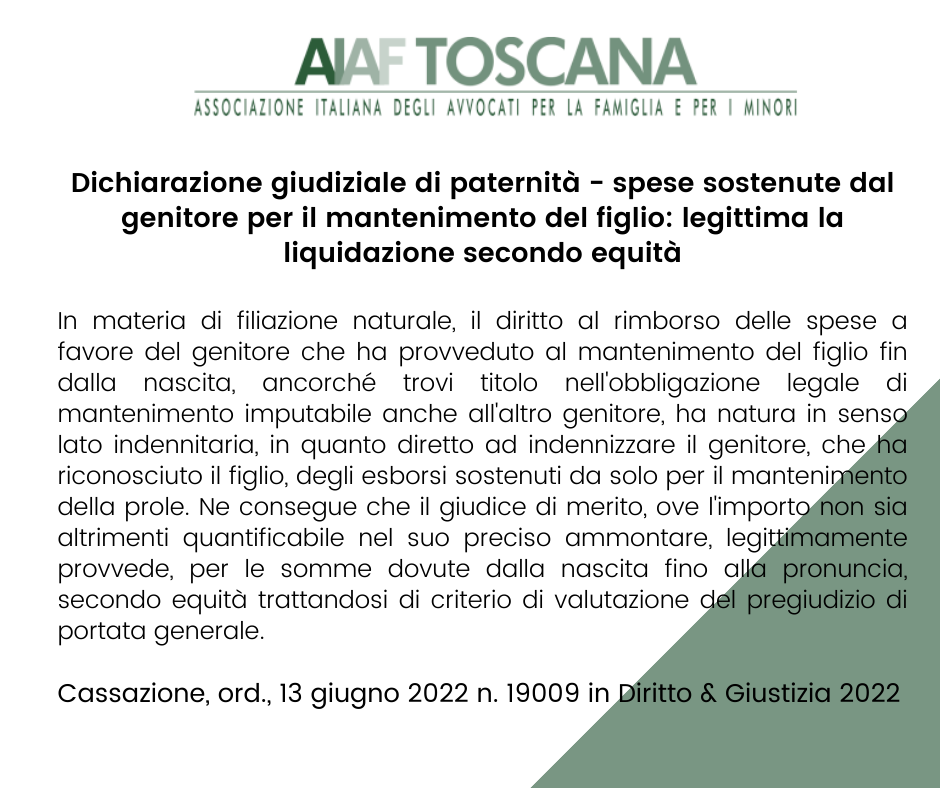 Dichiarazione giudiziale di paternità - spese sostenute dal genitore per il mantenimento del figlio: legittima la liquidazione secondo equità